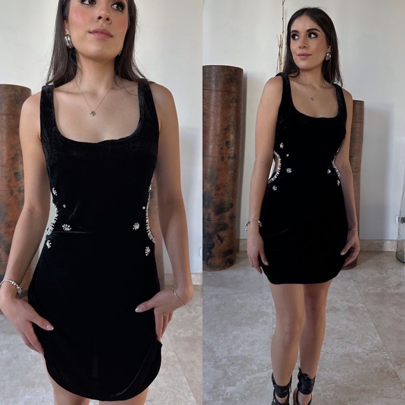 ✨24 HOUR SALE✨ Brynn Velvet Cut Out Rhinestone Detail Black Mini Dress - Picture 2 of 6
